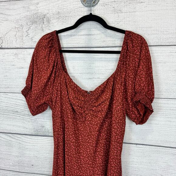 Madewell Women's Rust Floral Sweetheart Puff-Sleeve Midi Dress Size 16 - Picture 2 of 9